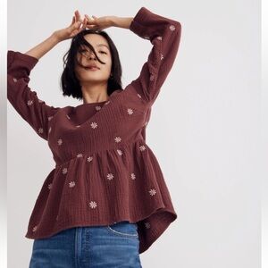 Madewell Embroidered Lightspun Peplum Gauze Open-Back Top in Vintage mulberry